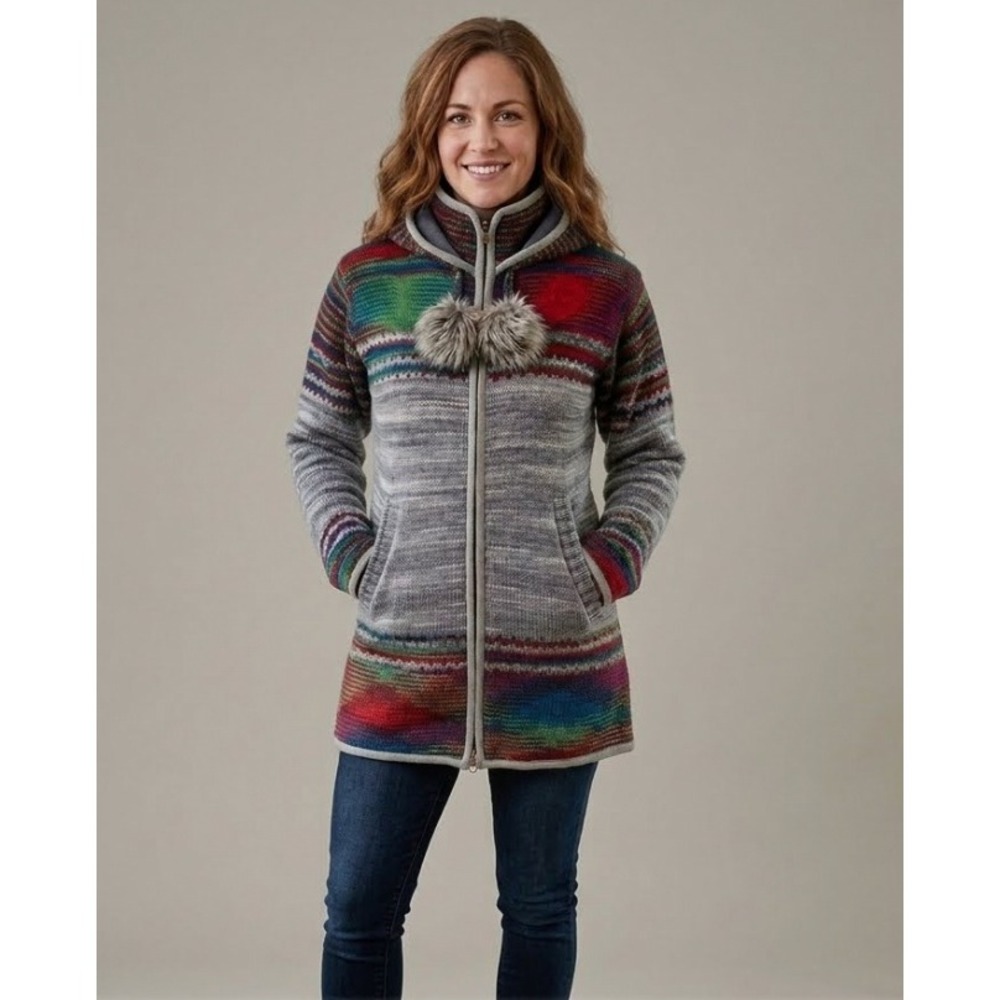 Laundromat Womens Wool Fleece Lined Hand Knit Hooded Sweater Jacket Gray Multi S